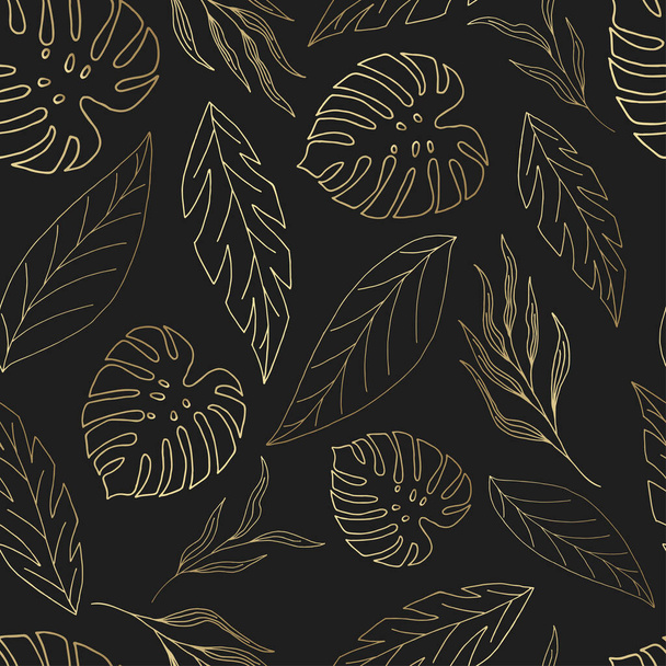 seamless pattern on a black background golden leaves hand drawn - Photo, image