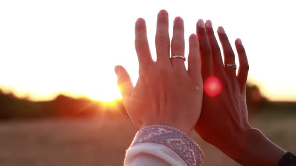 Amore multirazziale. donne nere e mani di uomo bianco con anelli dorati che si toccano all'aperto alla luce del sole al rallentatore. Ha appena sposato una donna africana e un maschio caucasico. giorno del matrimonio - Filmati, video