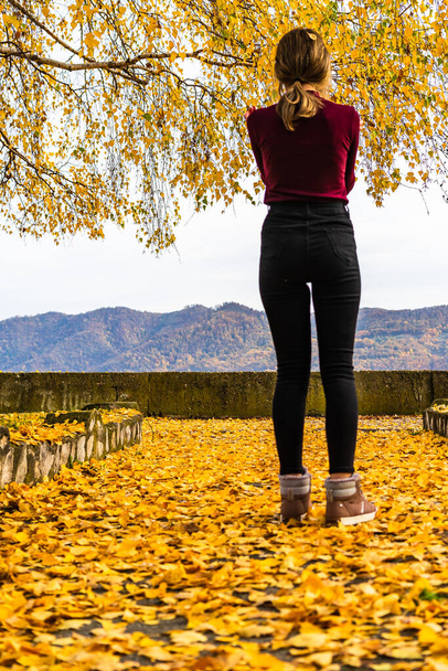 Осенние листья упали на одинокую женщину, идущую по осенней аллее - Фото, изображение