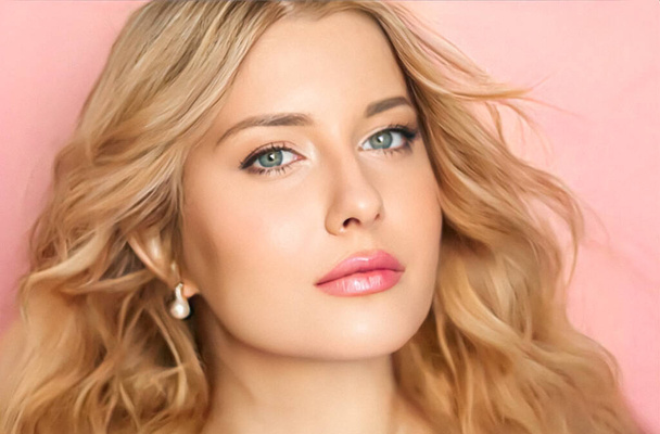 Beauty face portrait, beautiful woman with long wavy blonde hairstyle and glossy lipstick make-up on pink background, fashion and glamour model look for makeup, skincare cosmetics and hair care - Zdjęcie, obraz