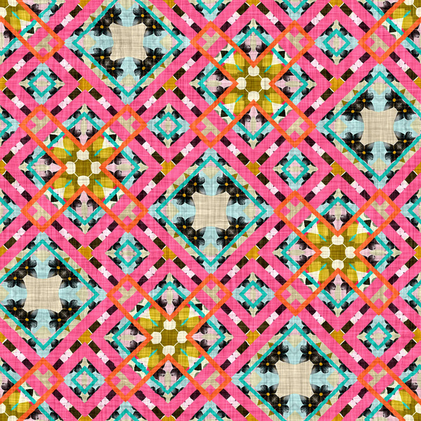 Kitsch pattern geometric retro design in seamless background. Trendy modern boho geo in vibrant colorful graphic illustration. Repeat tile for patchwork effect swatch - Fotoğraf, Görsel