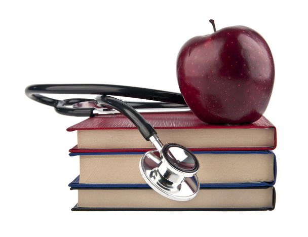 Bücher, Apfel und Stethoskop - Foto, Bild