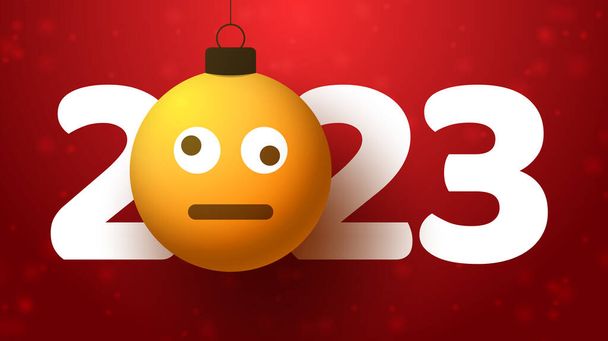 Greeting card for 2023 new year with confused emoji face that hangs on thread like a christmas toy, ball or bauble. New year emotion concept vector illustration - Vector, Image
