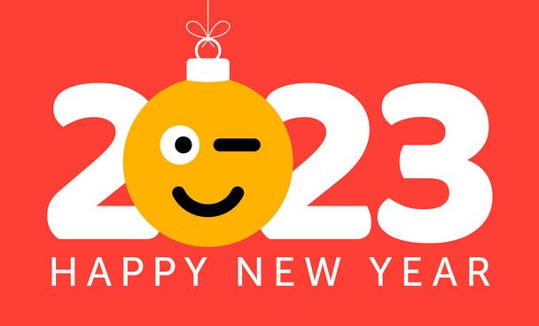 Greeting card for 2023 new year with smiling emoji face that hangs on thread like a christmas toy, ball or bauble. New year emotion concept vector illustration - Vector, Image