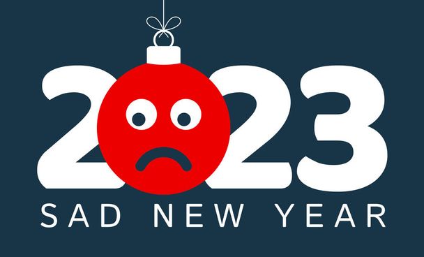 Поздравительная открытка на 2023 год с грустным смайликом, висящим на нитке, как рождественская игрушка, шарик или безделушка. Концептуальная векторная иллюстрация нового года - Вектор,изображение