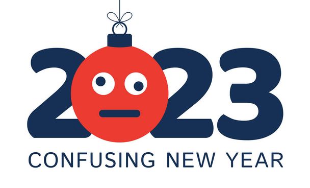 Greeting card for 2023 new year with confused emoji face that hangs on thread like a christmas toy, ball or bauble. New year emotion concept vector illustration - Vector, Image