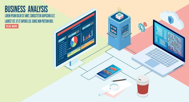 Modern 3d isometric design concept of Business Analysis with business people team working with Data Visualization for website and mobile website. Vector Illustration eps10 - Вектор,изображение