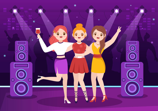 Night Club Cartoon Illustration with Nightlife like a Young People Drink Alcohol and Youth Dance Accompanied by Dj Music in Spotlight - Vector, imagen