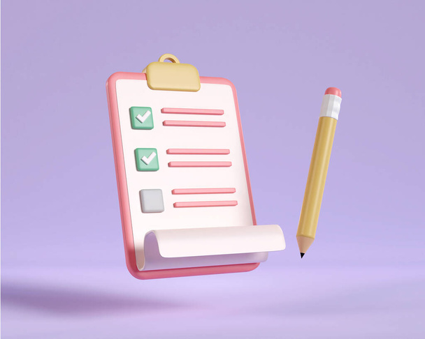 3D clipboard checklist and pencil isolated on purple background. note paper management check. Business time document marking task. working plan to success. 3d render illustration minimal style. - Photo, image