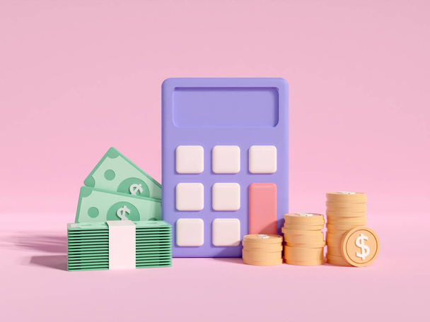 financial planning calculator and coins stack, banknote. Calculate business money management risk. income and return. isolated on pink background. 3d render illustration minimal style. - Valokuva, kuva