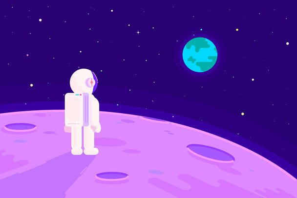 An astronaut looking at earth on moon with space scenery flat design illustration - Vector, Image