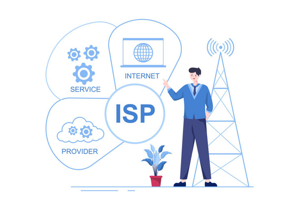 ISP or Internet Service Provider Cartoon Illustration with Keywords and Icons for Intranet Access, Secure Network Connection and Privacy Protection - Vektör, Görsel