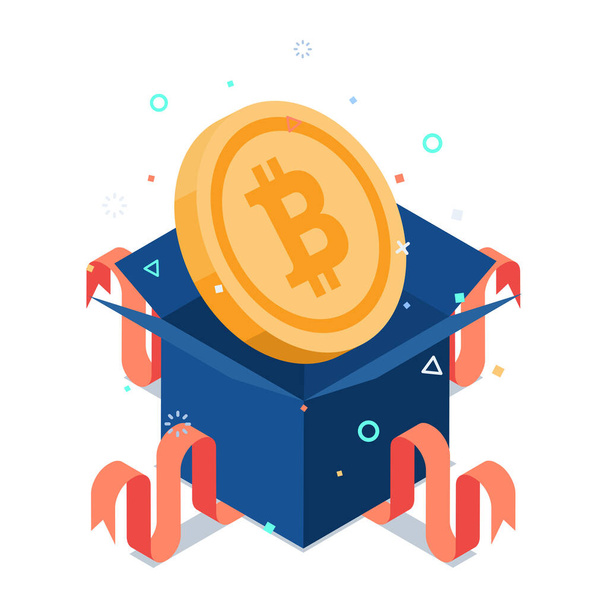 Flat 3d Isometric Bitcoin Inside Gift Boxes Showing Up. Bitcoin and Cryptocurrency airdrop Gift Concept. - Вектор,изображение