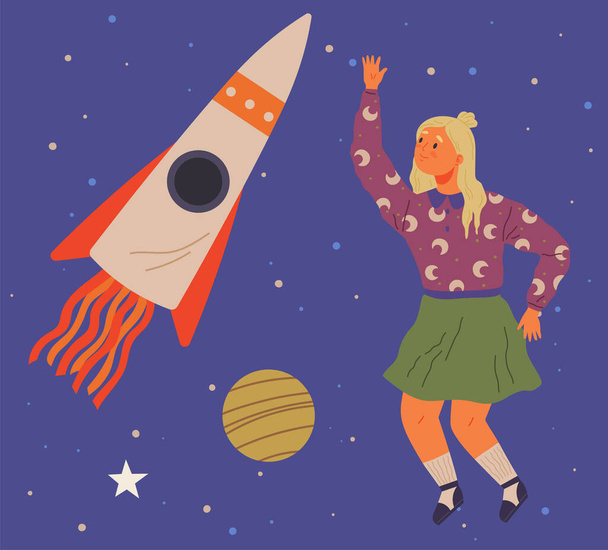 Astronaut woman with jet backpack flying among planets and rockets. Lady dressed as spaceman dreams about space. Girl with self made jetpack flying to sky. Person in costume of space explorer - Vettoriali, immagini