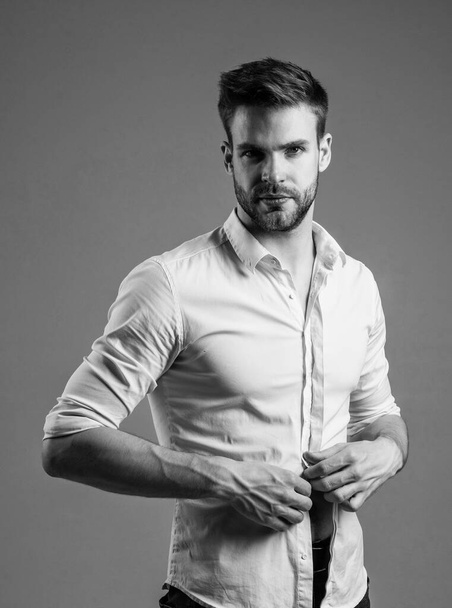 undress me. fashion and beauty. barbershop concept. mens wear. confident businessman. young handsome guy in white office shirt. stylish male wear formal clothes. bearded man with business look. - Foto, Imagem