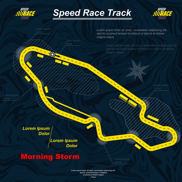 Dark blue marble liquid background with yellow track map. Car and moto race championship banner - Vector, afbeelding