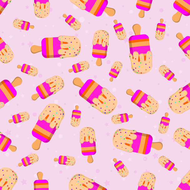 Pink colour seamless background with ice cream pattern. Sweets cartoon wallpaper for different wrapping paper prints. Textile texture for children party - Вектор, зображення