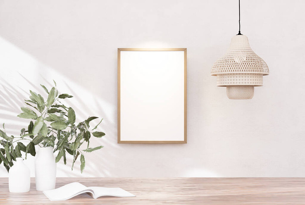 Wood table background with sunlight window create leaf shadow on wall with blur indoor green plant foreground. panoramic banner mockup for photo frame with wall paint background, 3D Rendering - Zdjęcie, obraz