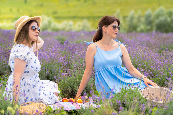 Two female friends relaxing outdoors enjoying a picnic amongst the fields of lavender in summer - Foto, immagini