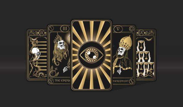 Black vector banner for fortune telling, tarot reading concept with tarot cards. Magic background design vector illustration in gold colour. Landing page, web design. Occultism, esoteric, witchcraft. - Вектор,изображение