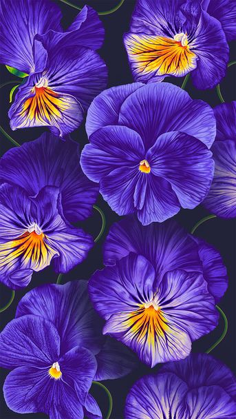 Vertical botanical background with blue, purple with yellow Pansies. violet flowers on dark background. Realistic vector handdrawn flowers. Template for phone screen saver, wallpaper. - Vektor, kép