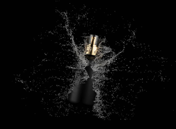 Cosmetic bottle in water splash isolated on black background 3D render, hair and bory care product packaging and branding design ready mockup - Foto, afbeelding