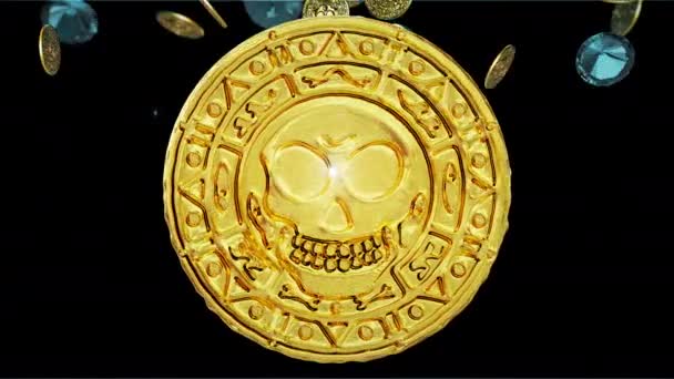 Regen van vintage gouden munten met schedels en jemstones op zwarte achtergrond. Schat van de piraat. 3D render. Alpha mat - Video