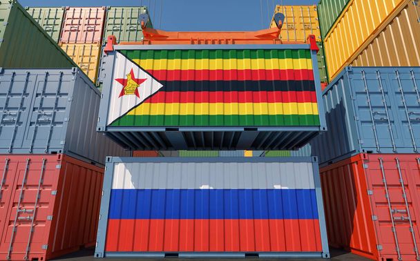 Cargo containers with Russia and Zimbabwe national flags. 3D Rendering - Φωτογραφία, εικόνα