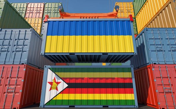 Cargo containers with Ukraine and Zimbabwe national flags. 3D Rendering - Valokuva, kuva