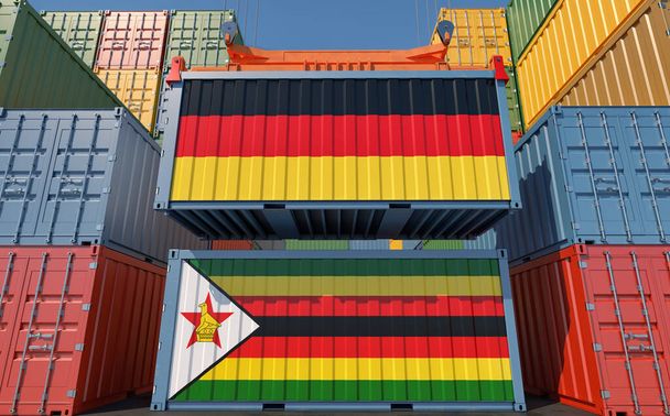 Cargo containers with Germany and Zimbabwe national flags. 3D Rendering - Фото, изображение