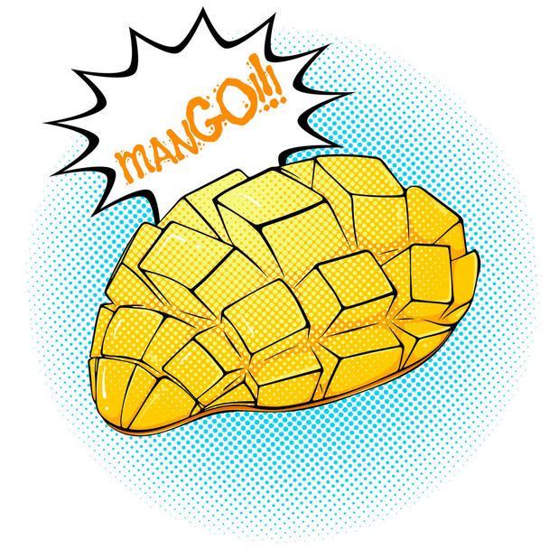 Sliced mango illustration. Tropical fruit close up. Vector bright colored halftone print in Pop Art style with space for text. Retro cartoon comic style. Design for stickers, poster. Eco food - Διάνυσμα, εικόνα