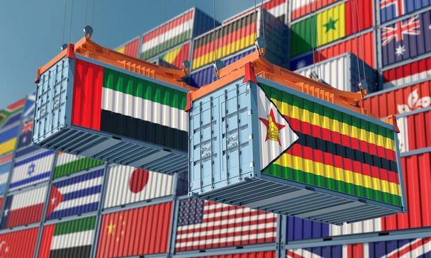 Cargo containers with United Arab Emirates and Zimbabwe national flags. 3D Rendering - Фото, изображение