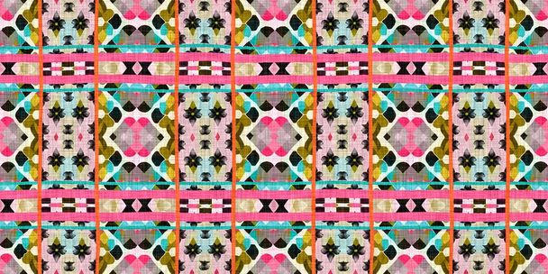 Kitsch pattern geometric retro design in seamless border background. Trendy modern boho geo in vibrant colorful graphic ribbon trim edge. Repeat tile for patchwork effect endless band - Fotó, kép