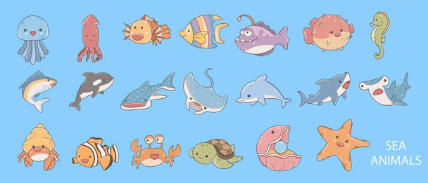 fish collection and wild marine animals are isolated on blue background. Inhabitants of the sea world, cute, funny underwater creatures  - Vector, imagen