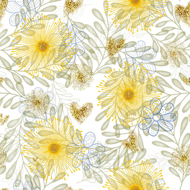 Seamless floral pattern. Repeating luxury template with blooming plants, golden branches and leaves. Design element for wallpaper and print on fabric or paper. Elegant hand drawn illustration - 写真・画像