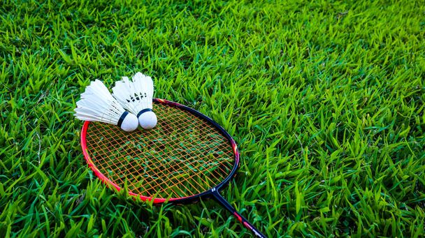 Shuttlecocks and badminton rackets on the green field - Photo, image