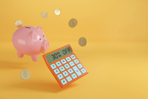 Calculator with the text 30% off on the screen next to a piggy bank and coins with copy space. 3d illustration. - Photo, Image