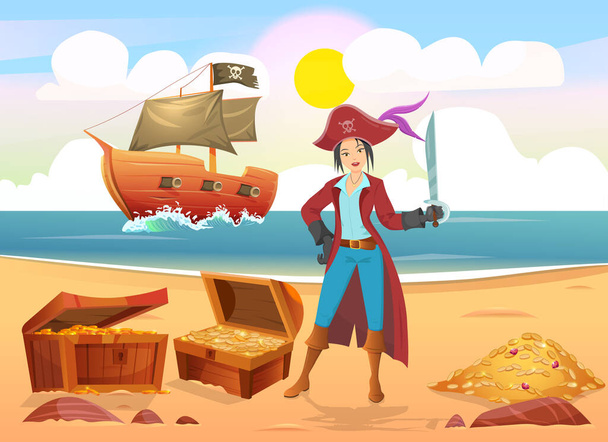 Woman in pirate costume holding sword standing near open treasure chest on beach in front of pirate ship - Vektor, Bild