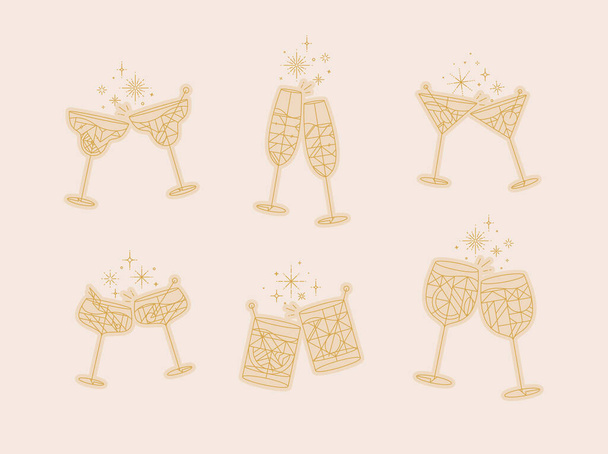 Cocktail glasses cheers for prosecco, wine, whiskey, vermouth, gin, martini, aperol, margarita in modern flat line style drawing on beige background - Vector, imagen