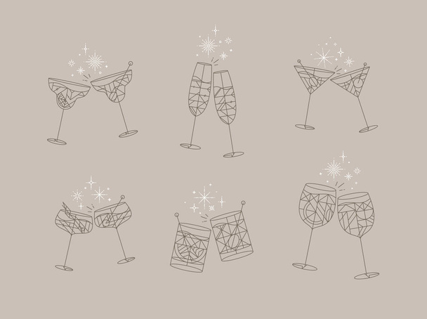Cocktail glasses cheers for prosecco, wine, whiskey, vermouth, gin, martini, aperol, margarita in modern flat line style drawing on gray background - Vettoriali, immagini