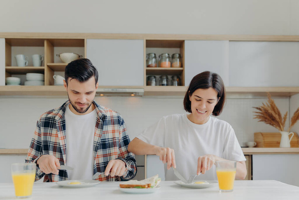 Family married couple pose at kitchen table, have delicious breakfast, talk about plannings on day, eat fried eggs and burgers, drink fresh apple juice, dressed casually, enjoy domestic atmosphere - Foto, Imagen
