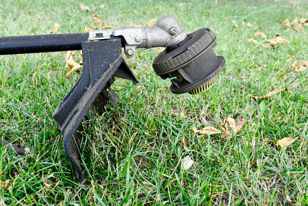 A side view image of an electric weed whacker used for lawn edging and maintenance.    - Foto, Imagem