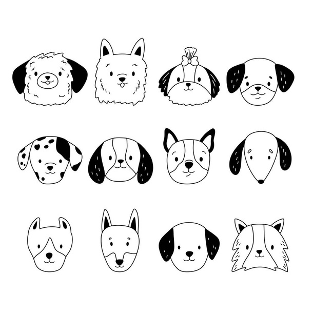 Doodle set of dogs heads. Cartoon pets. Different breeds of dogs. Hand drawn puppy faces. Black and white vector illustration. - Vetor, Imagem