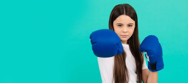 knockout. power and authority. teen girl in sportswear boxing gloves. sport challenge. punching. Horizontal poster of isolated child face, banner header, copy space - Valokuva, kuva