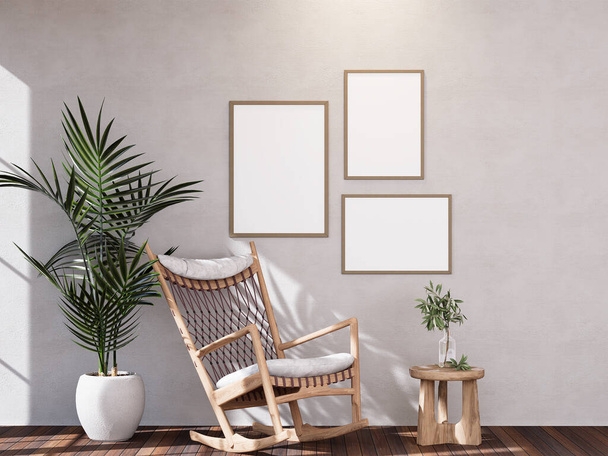 Furniture and fixture with neutral tones, minimal wood texture with sunlight window create leaf shadow on wall with blur indoor green plant foreground. panoramic banner mockup for Set of 3 photo frame with wall paint background, 3D Rendering - 写真・画像