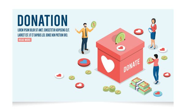 3D isometric Donation concept with People throw hearts into a box for donations, charity and financial support, box for donations . Vector illustration eps10 - Vektor, obrázek
