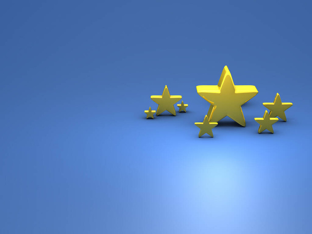 Gold star ornaments of various sizes. Abstract concept representing talent and ability. cool blue background. 3D rendering. - Fotó, kép