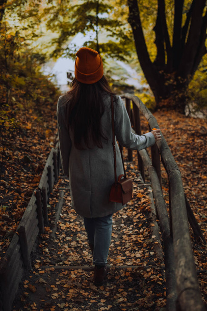 Ένα νεαρό κορίτσι περπατάει μόνο του στο ξύλινο πάρκο την φθινοπωρινή περίοδο. Γυναίκα με πορτοκαλί καπέλο και γκρι μάλλινο παλτό έξω.. - Φωτογραφία, εικόνα