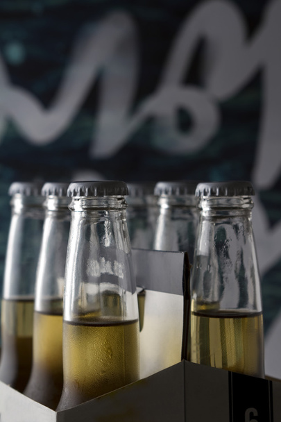 Sześciopak piwa rzemieślniczych butelek z ciekawe tło - Zdjęcie, obraz