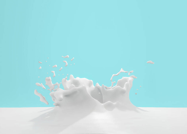 3D иллюстрации, брызги молока и заливки, реалистичные натуральные продукты, йогурт или сливки, изолированные на синем фоне. - Фото, изображение